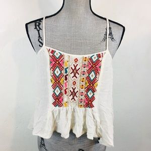 Ecote Size XS Boho Embroidered Tank Top Blouse Spaghetti Straps Cross Cross Back